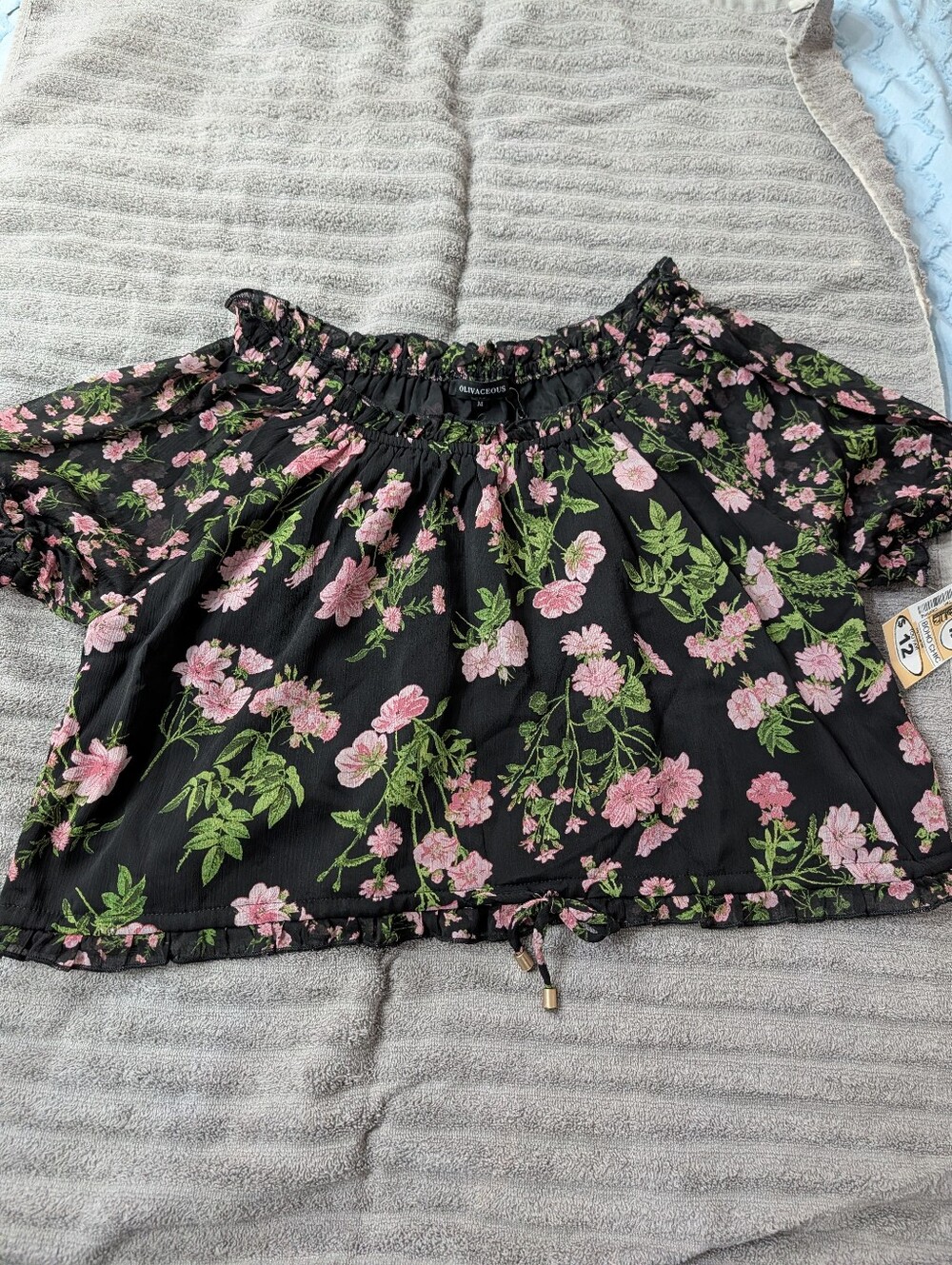 Floral Off-Shoulder Peasant Top - Black with Pink Flowers